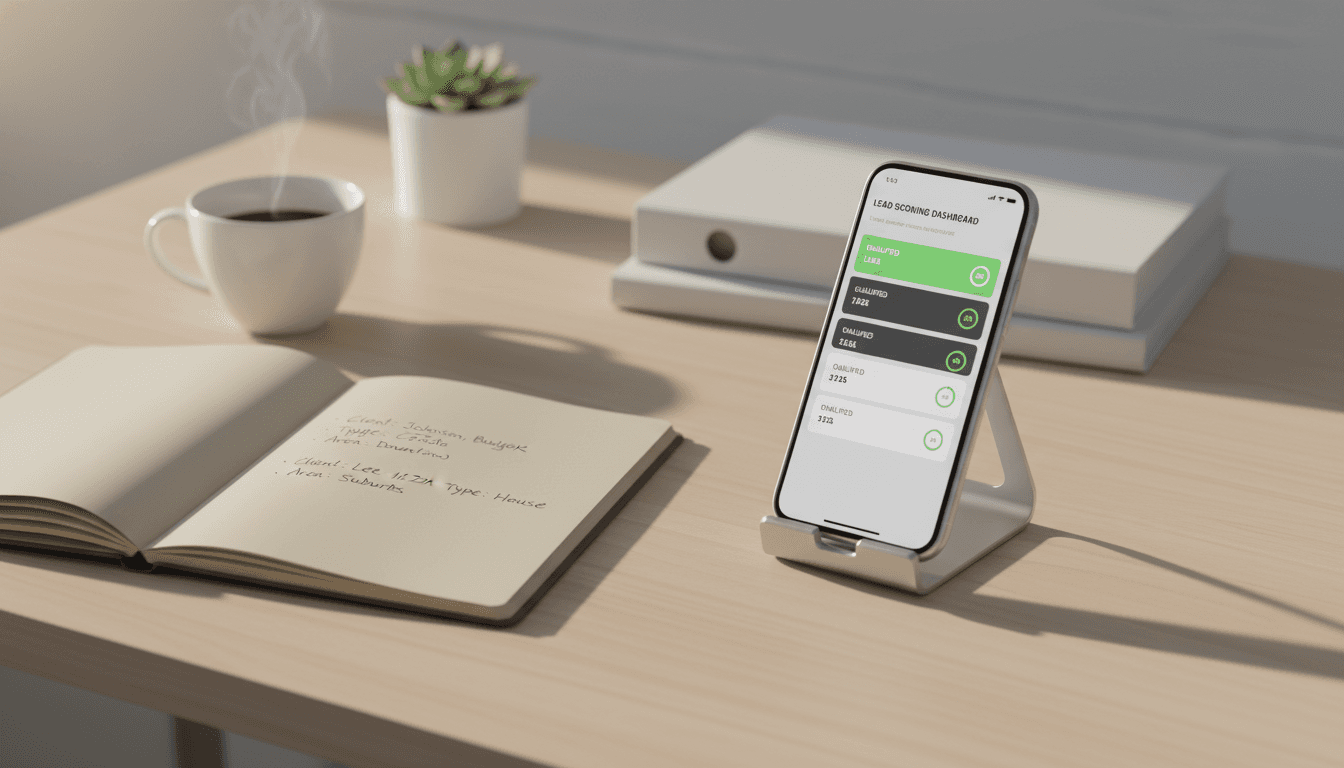 Real estate agent's workspace with TalkTracker Pro lead qualification system displayed on smartphone